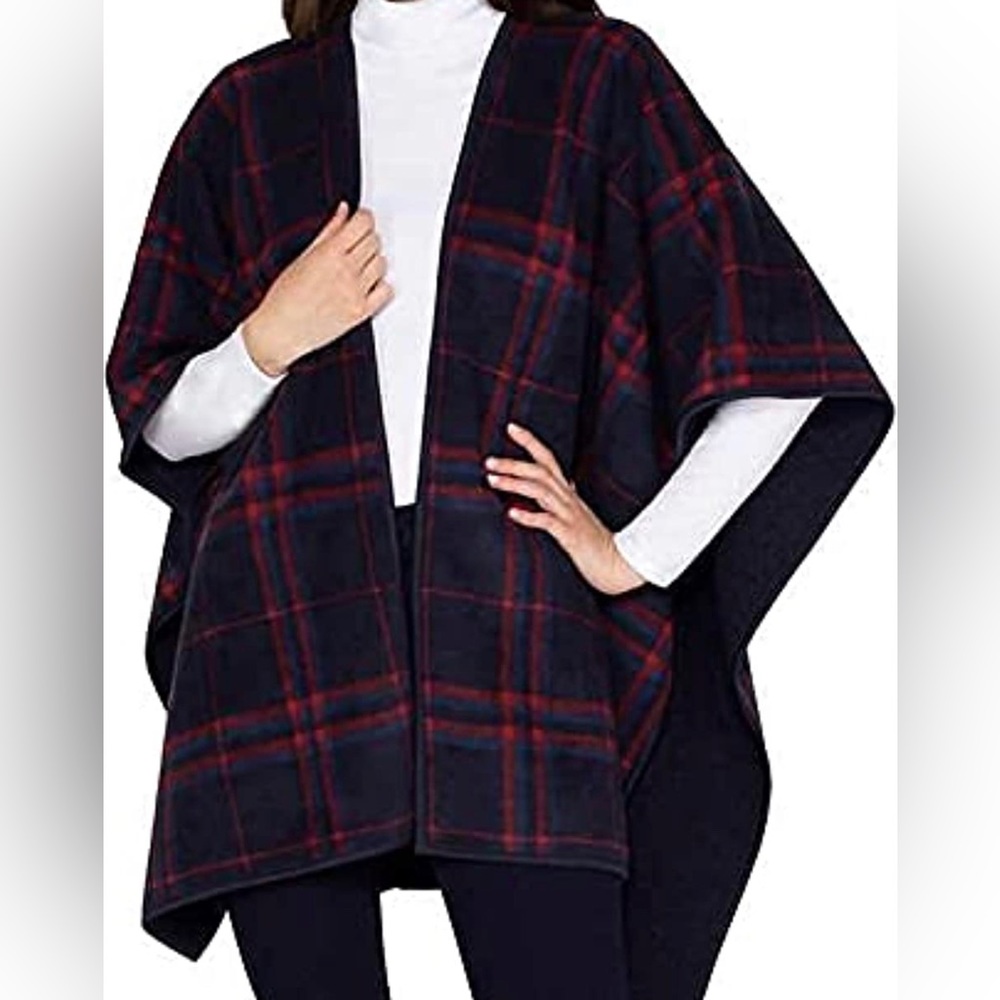 Ike Behar Plaid Womens Reversible Wrap Poncho